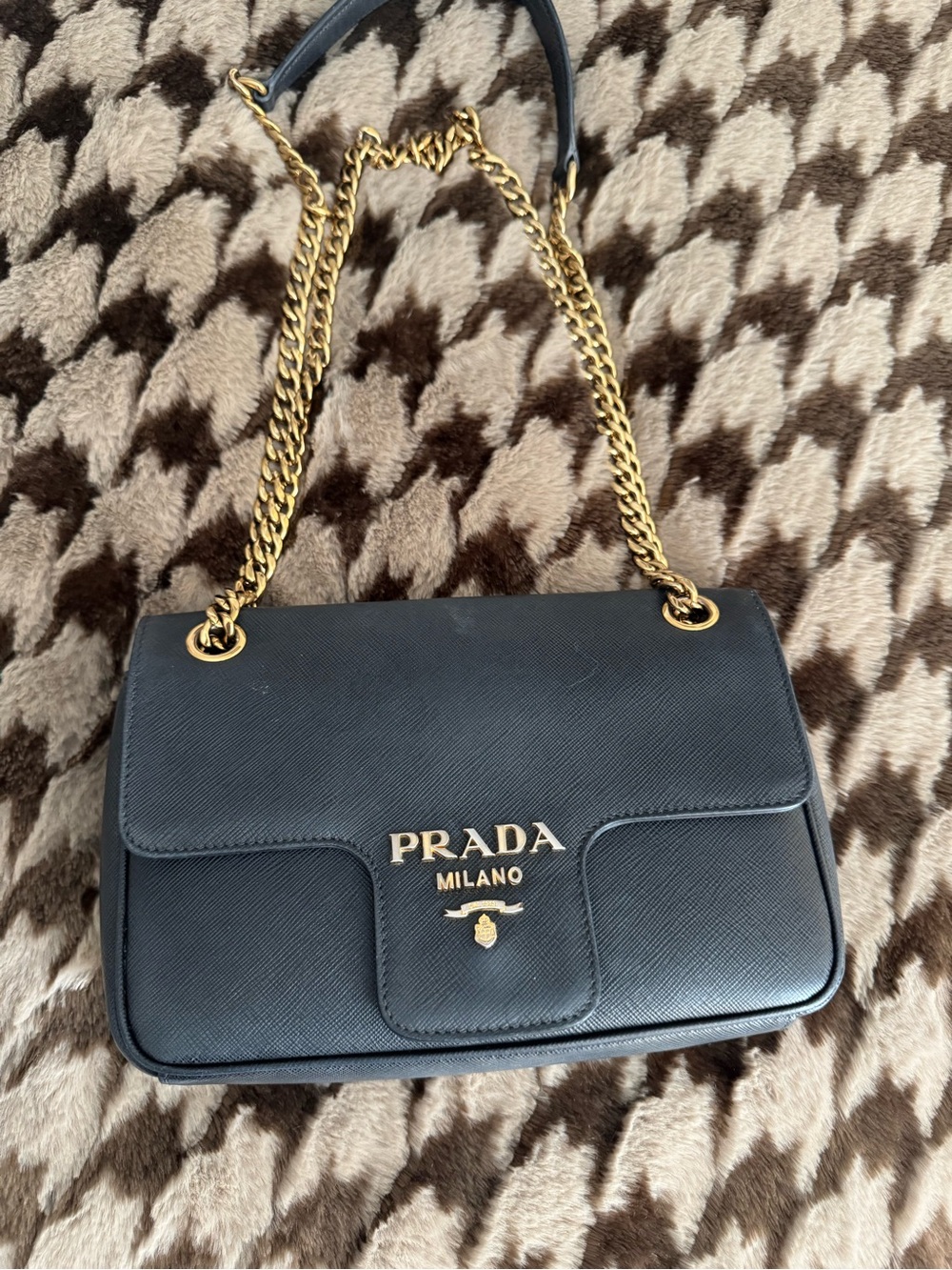 Prada Black Saffiano Leather Shoulder Bag with Gold Chain